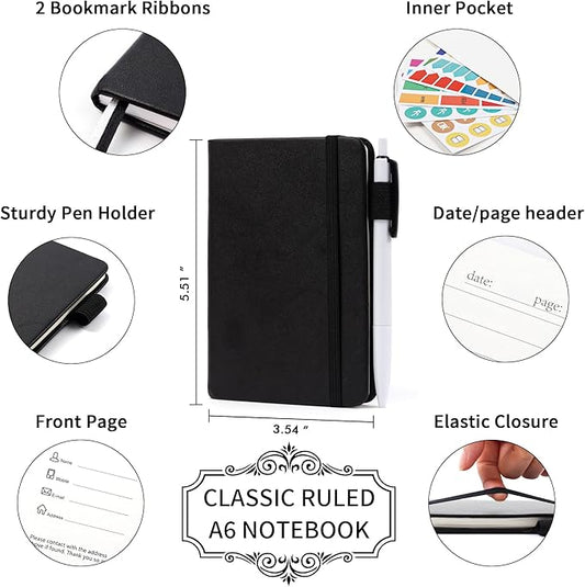 feela 3 Pack Pocket Notebook Journals with 3 Black Pens, A6 Mini Cute Small Journal Notebook Bulk Hardcover College Ruled Notepad with Pen Holder for Office School Supplies, 3.5”x 5.5”, Black