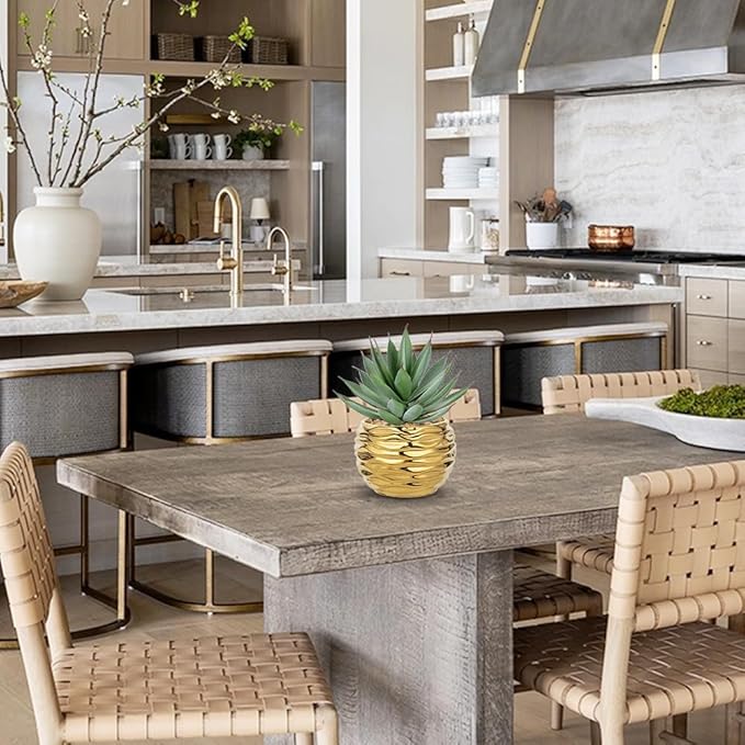 Briful Artificial Frosted Aloe Plant in Gold Ceramic Pot – 8.3” Tall Faux Succulent Agave with Decorative Pebbles – Realistic Indoor Decor for Office, Shelf, Desk, Living Room