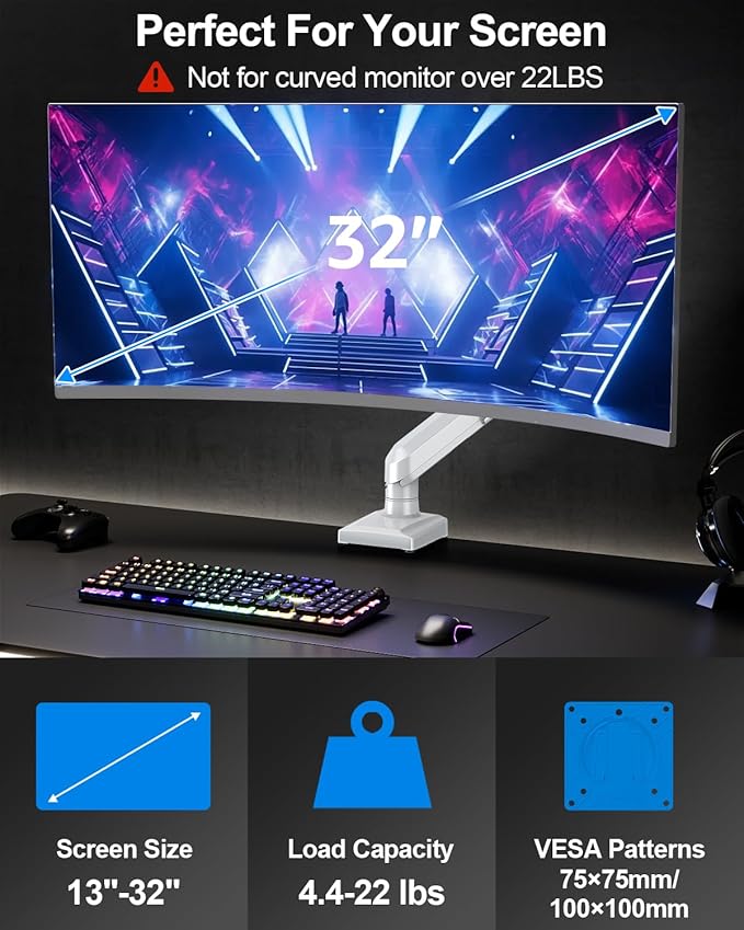 Single Monitor Arm Fits up to 32 Inch Computer Screens, Holds 4.4-22lbs, Full Motion Gas Spring Desk Mount, VESA 75x75, 100x100, Freelift Pro