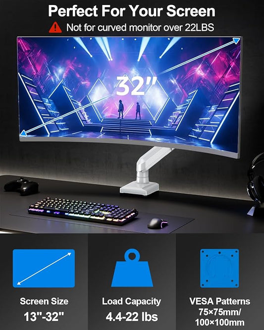 Single Monitor Arm Fits up to 32 Inch Computer Screens, Holds 4.4-22lbs, Full Motion Gas Spring Desk Mount, VESA 75x75, 100x100, Freelift Pro