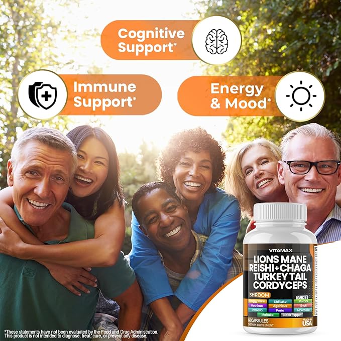 Lions Mane Mushroom, Turkey Tail, Chaga & Reishi, Cordyceps Shiitake White Elm King Trumpet Nameko Oyster Porcini Focus & Energy - Made in USA (60 Capsules (Pack of 1))