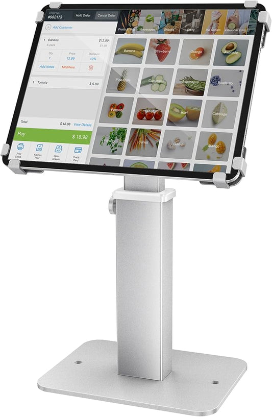 AboveTEK Anti-Theft iPad Kiosk Stand, 360 Rotation & Adj. Height 8.3"–13.4", Heavy-Duty Steel & Aluminum, Fits 9.7"-13" Tablets, Security Retail POS Tablet Stand for Business & Commercial Use (Silver)