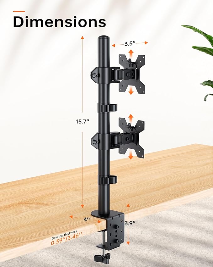 Dual Monitor Stand for 13-27'' Wide Monitor Desk Arm up to 44lbs Adjustable Stacked Double Monitor Mount with C-Clamp 75x75/100x100 VESA