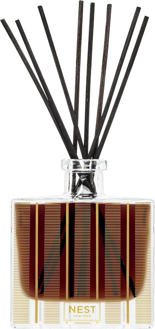 NEST New York Reed Diffuser, Hearth - 5.9 fl oz - Fragrance for Up to 90 Days - Reusable, Refillable Glass Holder - Includes 8 All-Natural Reed Sticks - Flame Free