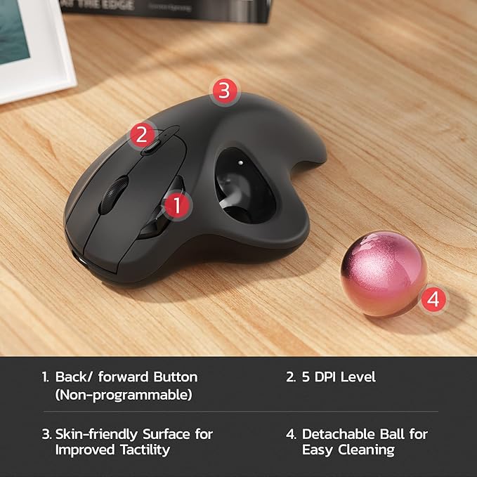 Nulea M501 Wireless Trackball Mouse, Rechargeable Ergonomic, Easy Thumb Control, Precise & Smooth Tracking, 3 Device Connection (Bluetooth or USB Receiver), Compatible for PC, Laptop, Mac, Windows.