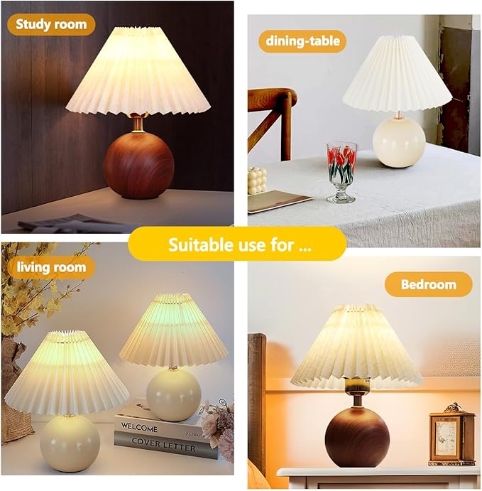 Ceramic Table Lamp for Bedroom, Small Space Pleated Cute Bedside Table Lamp with Switch, Night Light, Decor Desk Lamps for Living Room, Kids Room, Dorm, Office, Nursery with E26 LED Bulb