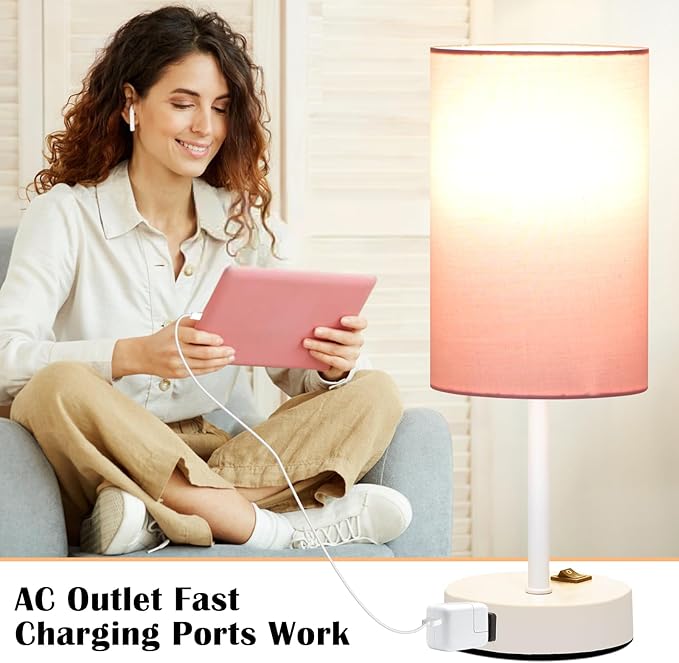 ZJOJO Table Lamp for Bedroom Set of 2, Bedside Small Lamps with 3 Way Dimmable Rocker Switch and AC Outlet, Nightstand Desk Lamp with Pink Fabric Shade White Base for Living Room Home Decor Lights