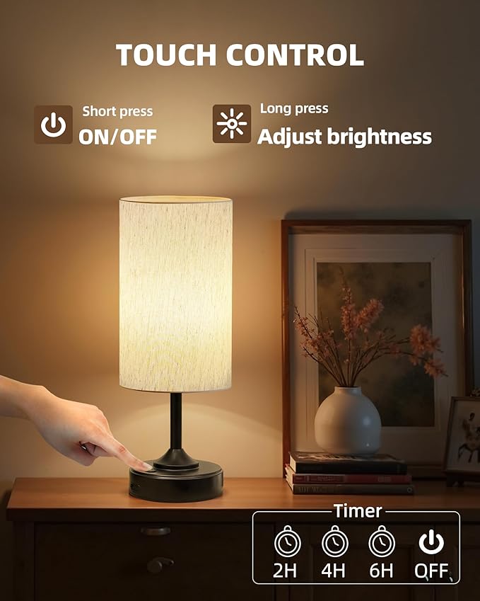 Battery Operated Lamp, Dimmable, 2700K, Timer, Touch Control, Portable, LED, Wireless, Rechargeable, Cordless, Desk Lamp, Kitchen Lamp, Fabric Shade, for Dining Room, Bedroom, Living Room, Dorm