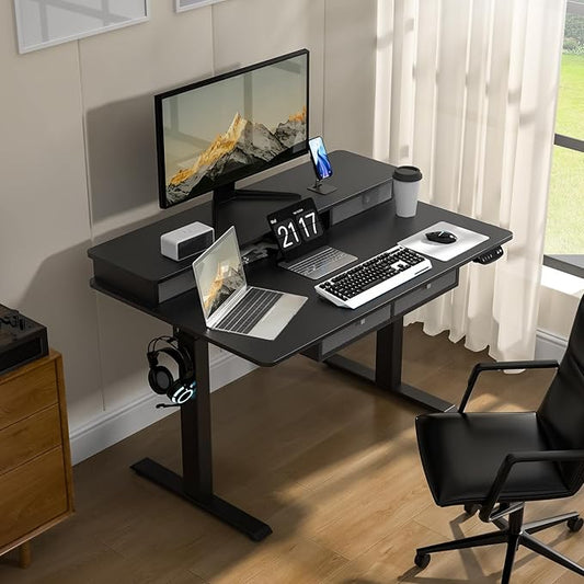 48 * 30 Inches Electric Standing Widened Desk Adjustable Height with 4 Drawers, Double Storage Shelves, Home Office Workstation Sit Stand up Desk (Classical Black)