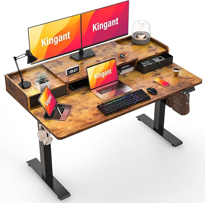 Kingant 55" x 30" Standing Desk with Drawers, Large Desktop, Ergonomic Sit Stand Desk for Home Office Work, Cable Management, 3 Preset Heights & 2 Hooks, Rustic Brown