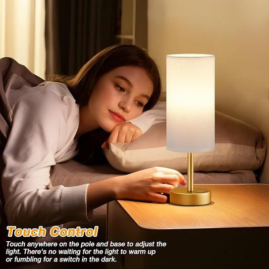 Small Touch Bedside Lamp with USB - 3 Way Dimmable Table Lamp for Bedroom, Nightstand Lamp with Gold Charging Station for Desk Dorm, Office