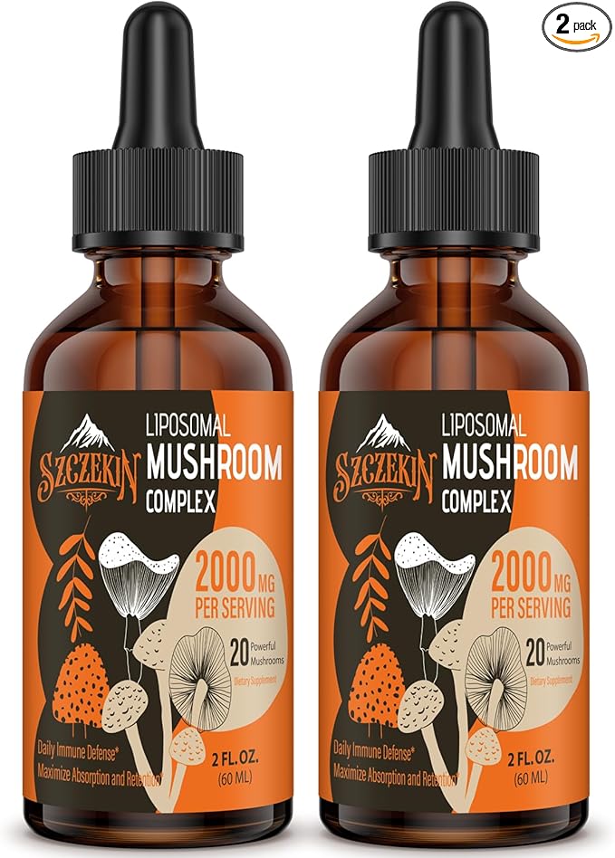 Liposomal Mushroom Complex Drops 2000 MG - 20 Organic Mushroom Extracts - Advanced Liquid Formula for Immunity, Cognitive and Memory - Lions Mane Supplement, Reishi, Cordyceps, Chaga, 60 Servings