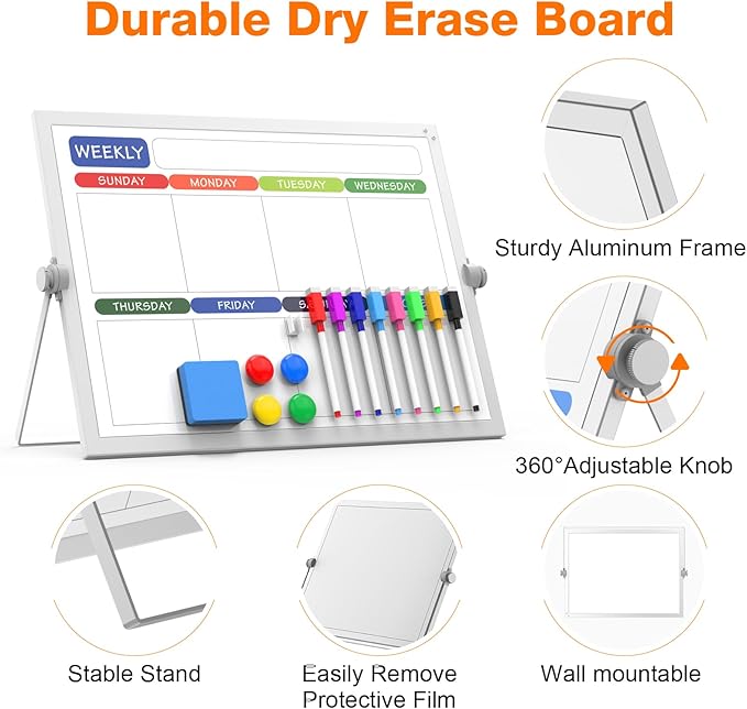 Weekly Dry Erase White Board, 16X12IN Magnetic Desktop Whiteboard Calendar with Stand, 8 Markers, 4 Magnets, 1 Eraser, Portable Double-Sided White Board Easel for Kids Memo to Do List Desk