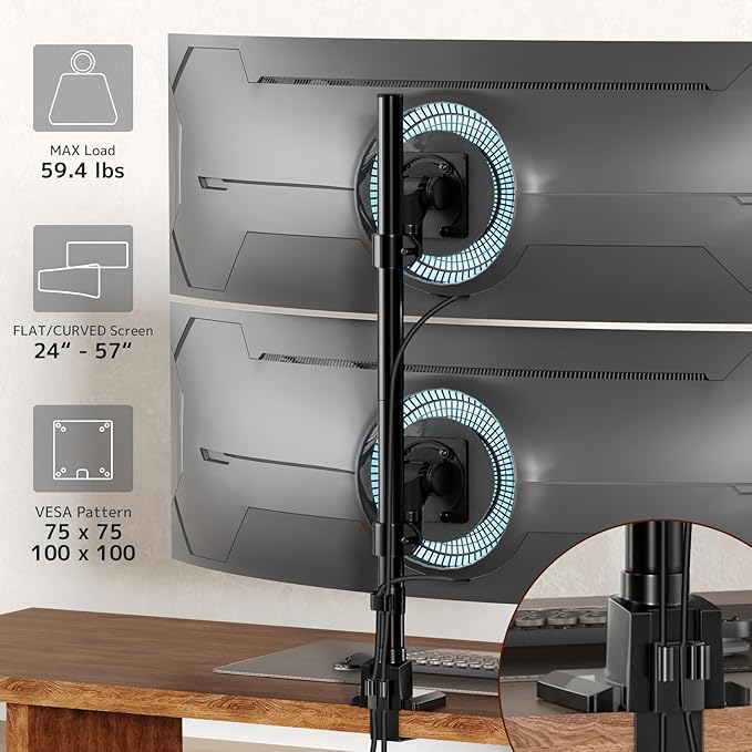 Dual Monitor-Arm Ultrawide Heavy Duty - 24-57 inch Vertical Dual Monitor Mount, Adjustable Stacked Double Monitor Desk Mount Stand, Max Load 59.4 lbs (per Screen), VESA 75 100 mm, Black