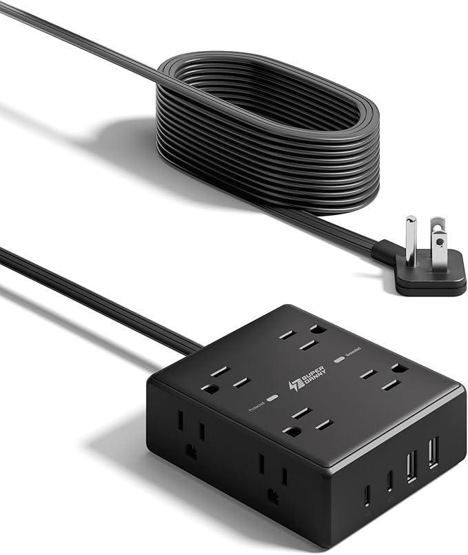 15Ft Extension Cord with Multiple Outlets, Flat Plug Power Strip Surge Protector with 15 Ft Long Cord, 8 Outlet 4 USB Ports (2 USB C), Desk Charging Station for Home Office, College Dorm Room