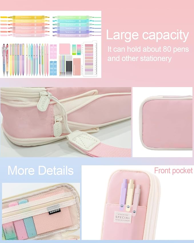 53PCS Aesthetic School Supplies with Large Pencil Case,12 Pastel Highlighters,5 Black & 6 Color Ink Gel Pens,2 Inspirational Stylus Ballpoint Pens,4 Mechanical Pencils 0.5-0.7mm Student Essentials