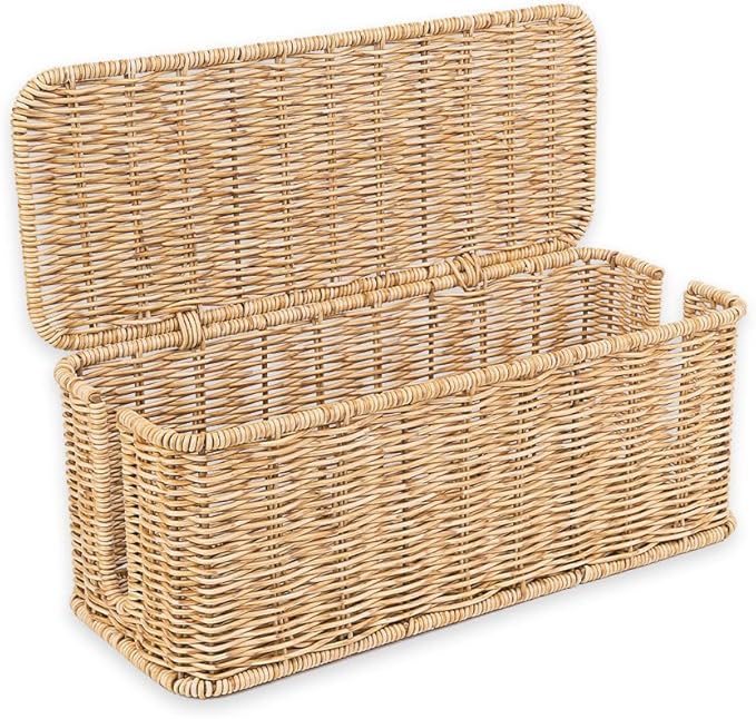 Cable Management Box, Handmade Rattan Cable Organizer, 2 Open Slots Cords Hider Box, Under Desk Cord Organizer for Computer Router USB Hub & Power Strip, Patent Pending, 13" x 5.1" x 5.1", Natural