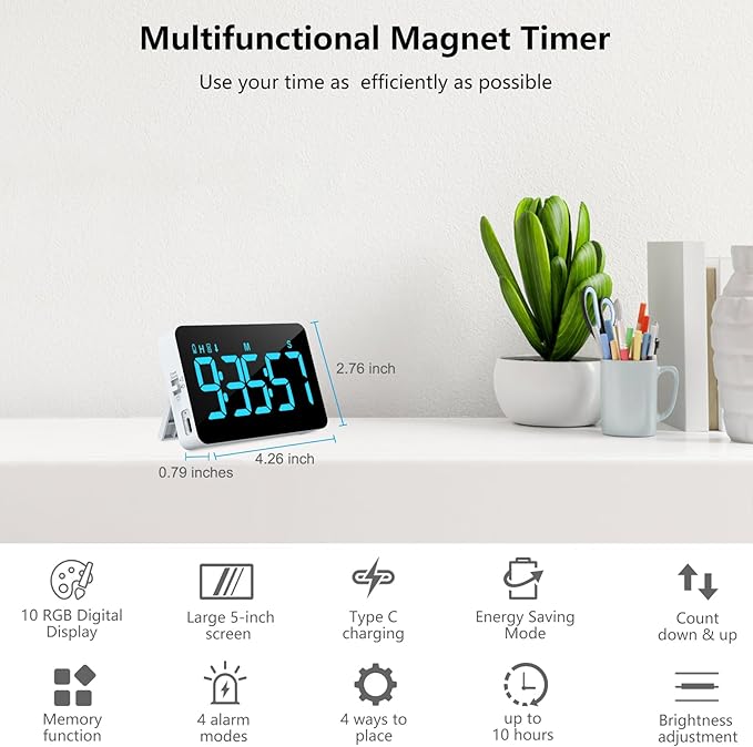 (2 Packs) Rechargeable Timers,Digital Kitchen Timer with 10 Dynamic RGB Color, Magnetic Classroom Timer with Countdown/up with 5”LED Display 3 Brightness 4 Volume Adjustable