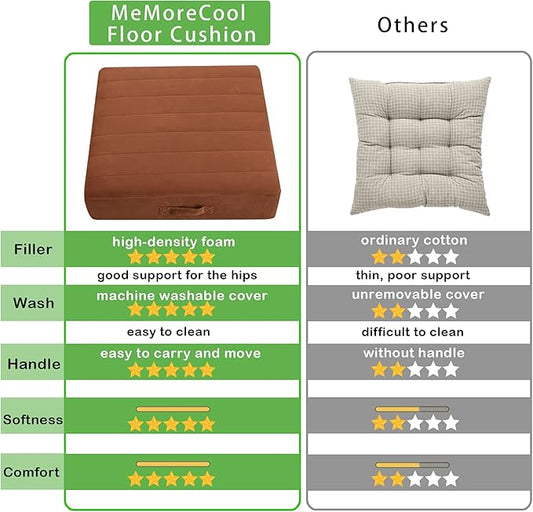 MeMoreCool Square Floor Pillow Seating for Adults Kids, Large Meditation Cushion Floor Pillow with Thick Foam & Soft Tufted Cover, Washable Big Pillow Seat Floor Cushion for Sitting Yoga 24" Coffee