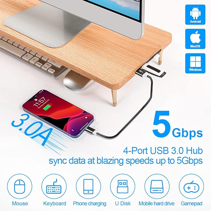 Wood Riser Monitor Stand with USB Ports Computer Stand w/Slot for Tablet & Cellphone Computer Riser w/Big Storage, Dual Monitor Riser for PC, Computer, Laptop, Printer
