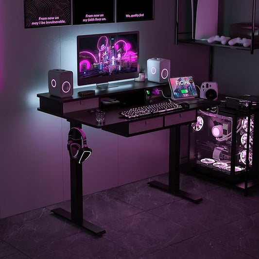 Adjustable Height Standing Desk with 4 Drawers,48 x 30 inches Electric Sit Stand Home Office Desk with Two Tiers, 3 Memory Presets, Monitor Stand Riser, USB A/C Charging Port