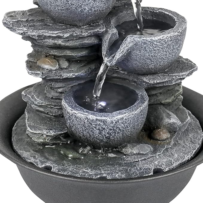 10.6” High Cascading Tabletop Fountain w/LED Light - 4-Tier Bowls Rock Water Fountains Indoor Small Relaxation Waterfall Feature for Home, Office and End Table Decoration (10.6" high, Gray)