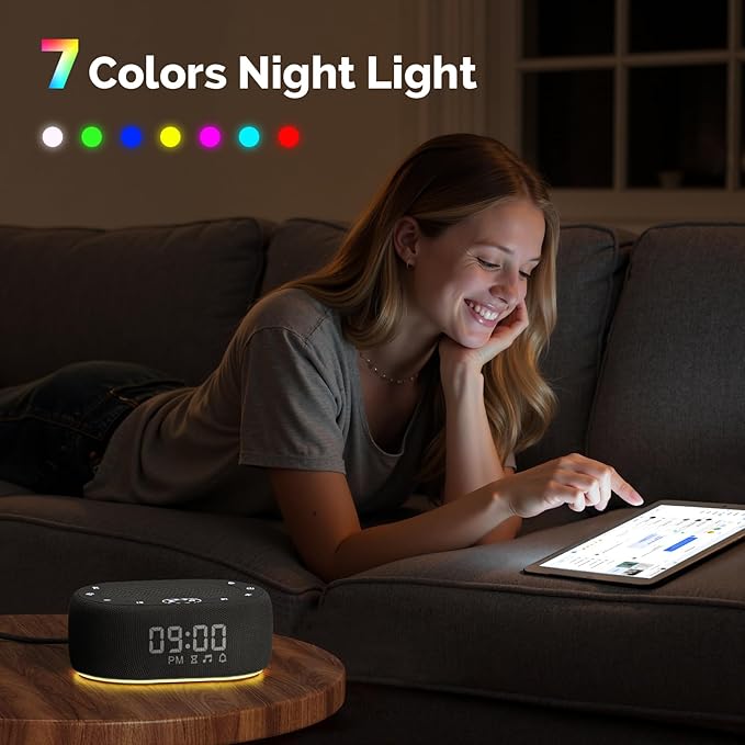 1Mii White Noise Sound Machine for Sleep, Pink Noise Machine for Baby Adults Sleeping, 18 Soothing Sounds with 7-Color Night Light, Timer, Alarm Clock, Volume Control, Remote App Control - Black