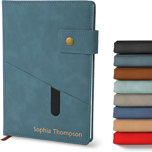 Promot Personalized Notebook - A5 Lined Leather Bound Journal for Writing Women Men - Hardcover Executive Notebook, Daily Journal, Travel Diary, Gift Idea, Custom Embossed Text with Gold Metallic Foil