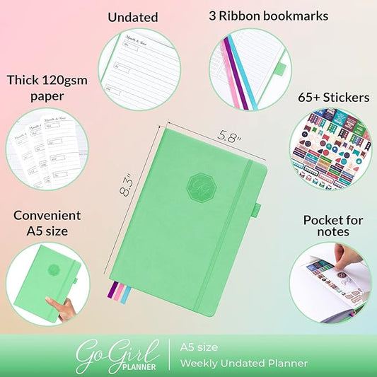 GoGirl Planner and Organizer for Women – A5 Size Weekly Planner, Goals Journal & Agenda to Improve Time Management, Productivity & Live Happier. Undated – Start Anytime, Lasts 1 Year – Mint Green
