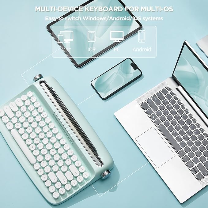 YUNZII ACTTO B303 Wireless Typewriter Keyboard, Bluetooth Connection, Cute Retro Aesthetic Design with Integrated Stand for Tablet, Phone, PC and Win/Mac/Android (B303, Sweet Mint)