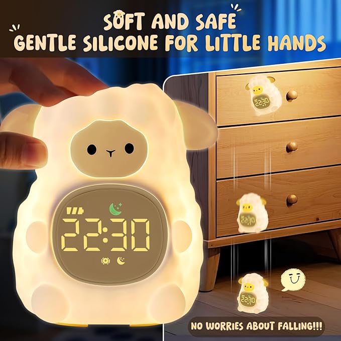 Sheep Alarm Clock with Night Light for Kids with Sleep Training and Sound Machine, Rechargeable Silicone Lamp OK to Wake Clock,Cute Animal Tabletop Lamp, Perfect Sleep Companion for Boys Girls, Khaki