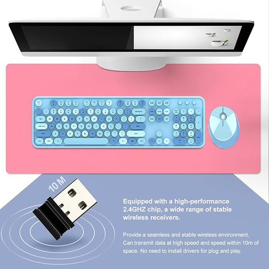 Guffercty kred Colorful Blue Wireless Keyboard Mouse, Cute Retro Typewriter Round Keycaps 2.4GHz Dropout-Free Connection for Laptop/PC (Multicolor Blue)