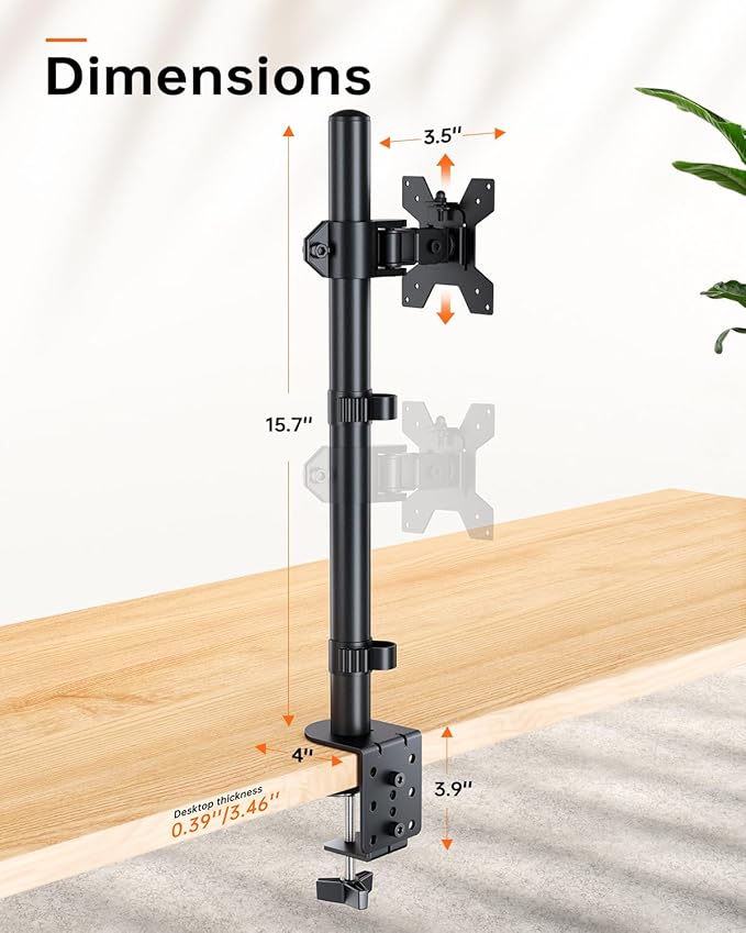 Single Monitor Stand for 13-27'' Wide Monitor Desk Arm up to 17.6lbs Adjustable Stacked Double Mount with C-Clamp 75x75/100x100 VESA