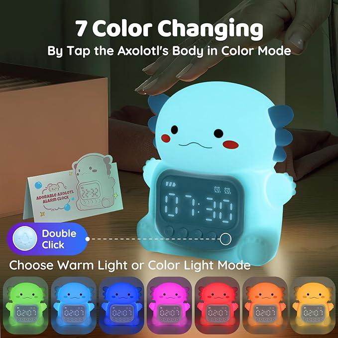 Axolotl Alarm Clock with Night Light for Kids, Rechargeable Silicone Lamp Time to Wake Clock Cute Animal Tabletop Lamp, Perfect Sleep Companion for Boys Girls, Blue