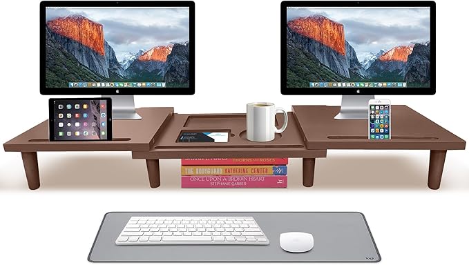 Dual Monitor Stand Riser - Solid Wood 3 Panels Laptop Riser with Storage for Phone/Mug - Home/Office Desk Organizer with Adjustable Length & Angle - Modern Computer Stand for PC, Laptop, & more (Brown)