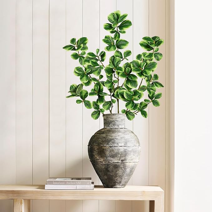 Hollyone 3 Packs Artificial Greenery Stems 36.2 Inch Faux Stems White Edged Leaves with Long Stems Fake Branches Greenery Stem for Vase Garden Home Office Wedding Decoration