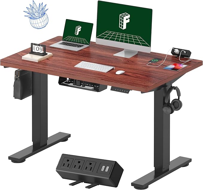 FLEXISPOT EN2 Whole-Piece Standing Desk with Clamp Power Strip, 48 x 30 Electric Stand Up Height Adjustable Desk with Cable Management (Black Frame + 48" MahoganyTop, 2 Packages)