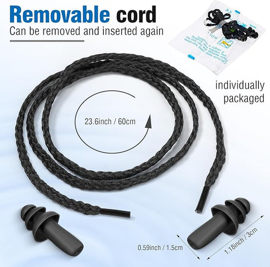 Tondiamo 200 Pairs Ear Plugs Reusable Silicone Earplugs with Cord Sleeping Individually Wrapped Hearing Protection Noise Cancelling Earplugs for Work Construction Shooting Sports (Black)