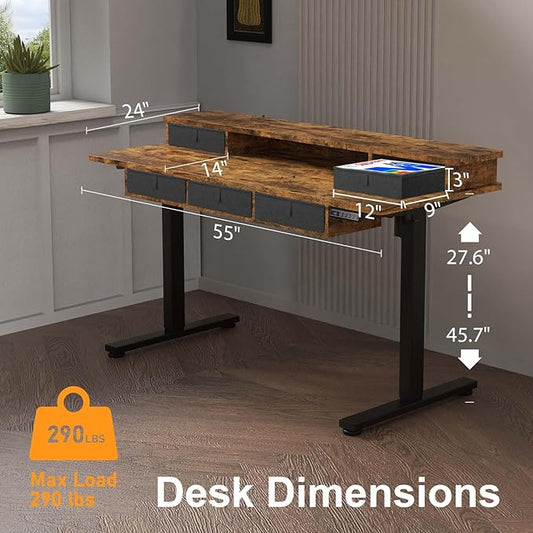 XINYAO Electric Standing Desk with 5 Drawers, 55x24 Inch Height Adjustable Sit Stand Up Desk with Storage Support 290lbs Ergonomic Rising Table with Wheels for Home Office