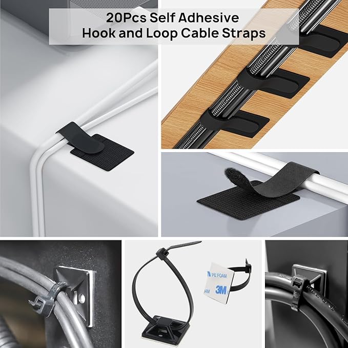 193 PCS Cable Management Kit - 4 Cable Sleeve, 57 Self Adhesive Cable Clips, 12 Hanging Strips, 12 Cable Organizer Straps and 100 Fastening Cable Ties for TV Computer Under Desk (Black)