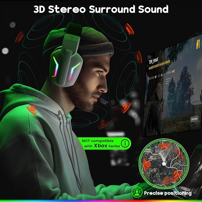 Wireless Gaming Headsets for PC, PS5, PS4, Switch, Mac, 2.4GHz Wireless Gaming Headphone for Game Boy Accessories, ENC Noise Canceling Microphone, Bluetooth 5.4, Cool Lighting, 50H Battery