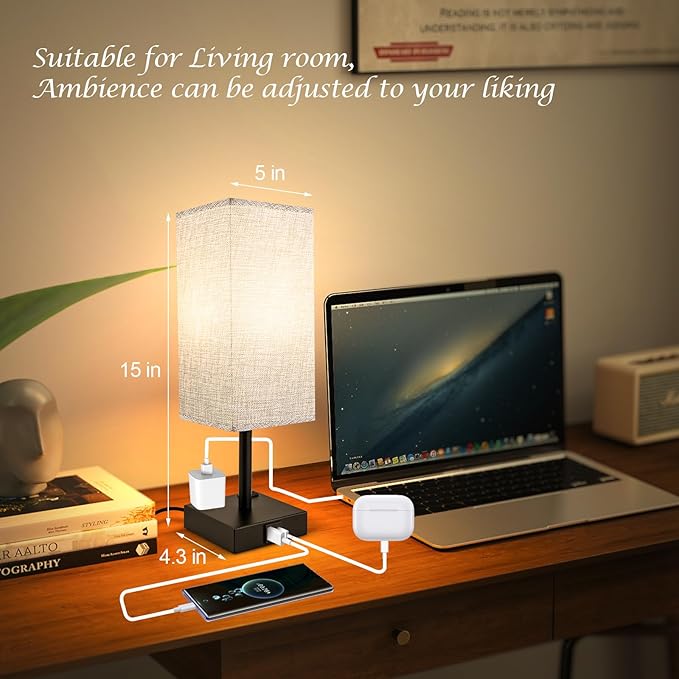 Touch Table Lamp for Bedroom, Stepless Dimmable Bedside Lamp with USB C+A Ports & 3 Color Temperatures, Nightstand Light for Living Room Office, LED Bulb Included (Gray)