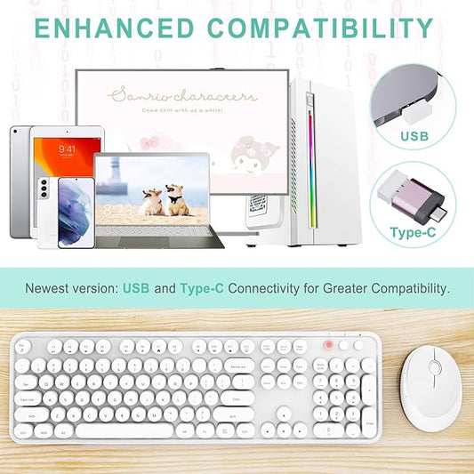 Wireless Keyboard and Mouse Combo, Ergonomic Full Size Typewriter Retro Round Keycaps Keyboard, Compatible with Windows, PC, Perfer for Home and Office Keyboards(White)