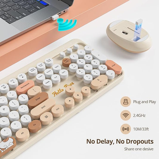 GTSP Creamy Wireless Keyboard and Mouse, Typewriter Office Full-Sized Colorful 2.4G Cute Aesthetic Keyboard for Computer, Laptop, PC Desktops(Brown)