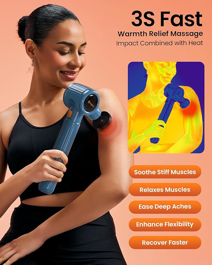 Massage Gun with Heat,Massage Gun Deep Tissue with Extension Handle & 3 Adjustable Angles,Handheld Percussion Back Massager for Muscle/Neck/Body Pain Relief with Portable Case,Blue