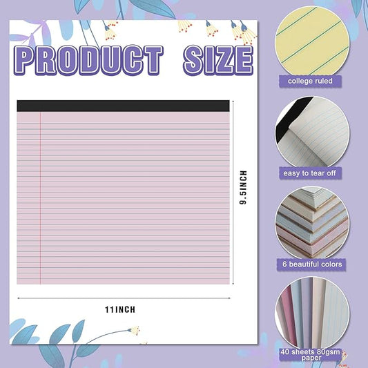 Lincia 6 Pcs 11" x 9.5" Legal Pads College Ruled Notepad Landscape Notebook Horizontal Lined Notebook 80 Gsm Assorted Colors Paper Pastel Writing Pads for School Office, 40 Sheet (Classic Color)