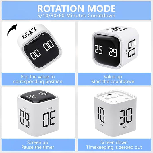 Digital Cube Productivity Timer - Rotating Pomodoro Timer with Gravireceptor 5-10-30-60 Min Custom Countdown, Vibration & Adjustable Volume for Learning, Office, Kitchen, Desk, White