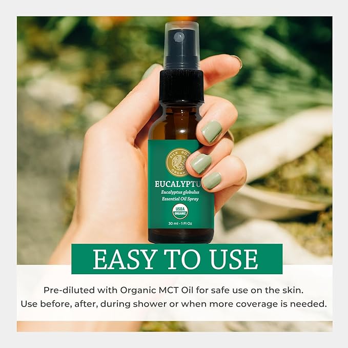 Silk Road Organic Eucalyptus Essential Oil Spray, 100% Pure USDA Certified Aromatherapy - Congestion, Colds, Cough, Sinus, Allergies & Skin Care – 1 Oz Spray