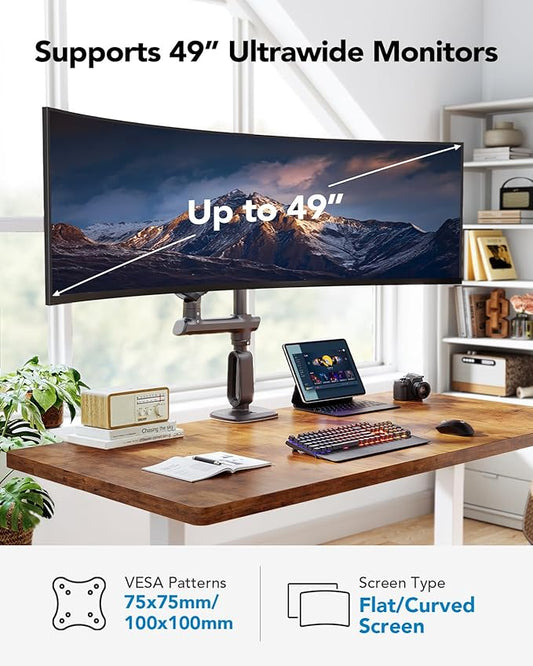 HUANUO Heavy Duty Monitor Arm for Ultrawide Screens up to 49", Holds 40 lbs, Aluminum Ultrawide Single Monitor Stand with 29.1" Max Height, Fully Adjustable Desk Mount, Max VESA 100x100mm
