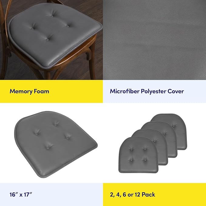 Sweet Home Collection Chair Cushion Memory Foam Pads Tufted Slip Non Skid Rubber Back U-Shaped 17" x 16" Seat Cover, 4 Count (Pack of 1), Faux Leather Gray